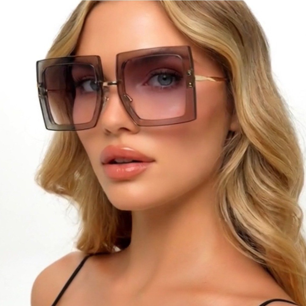 Womens Oversized Square Sunglasses Grey Gradient Purple Pink Lens Gold Metal New